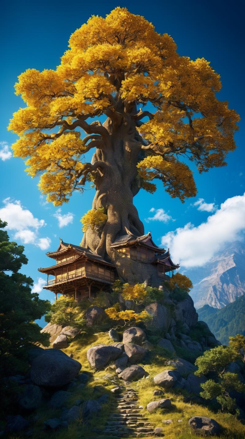 00480-1886571490-On a lofty mountain, an ancient tree shone brightly as if it were made of gold. It was extremely lush and hung with divine fruit.png